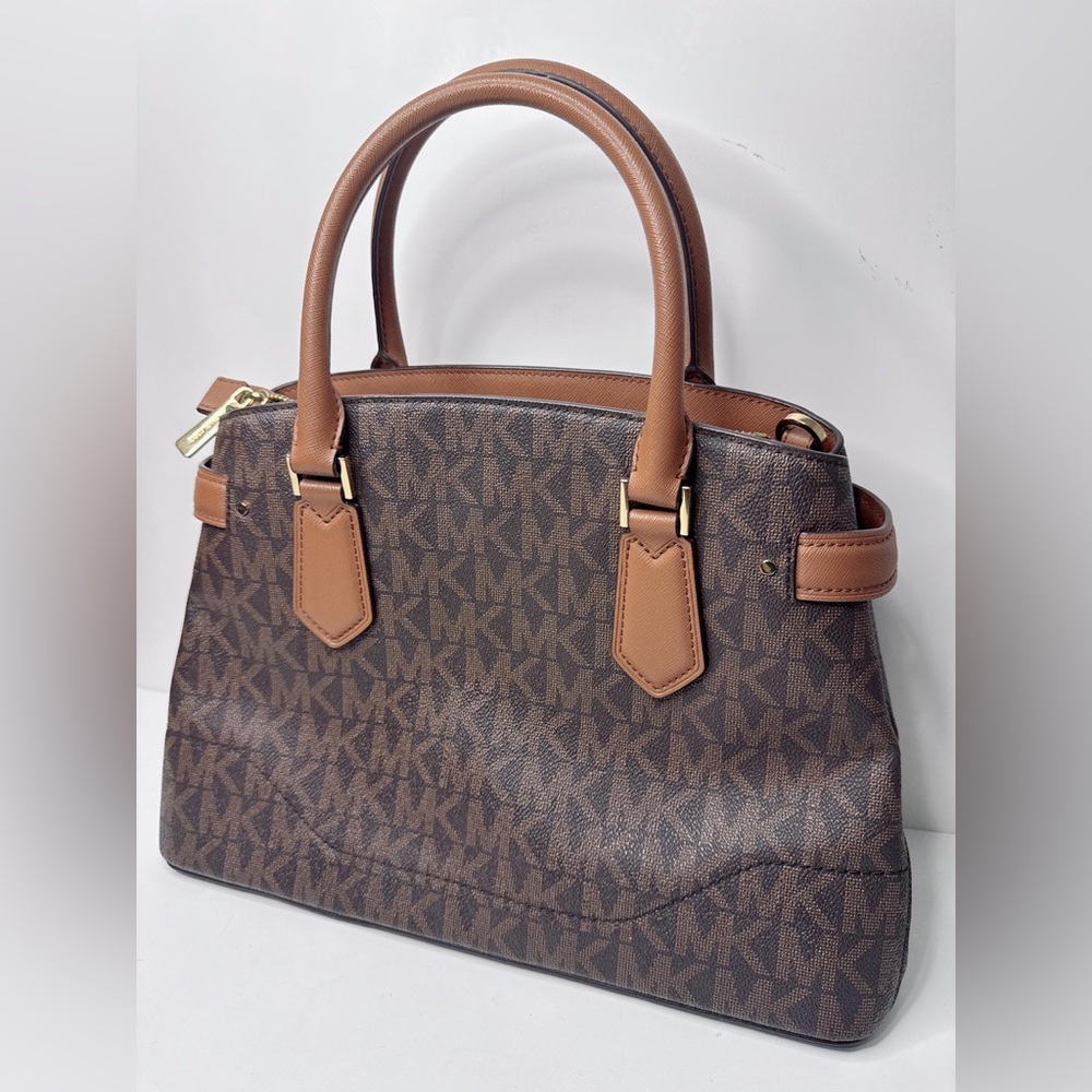 Michael Kors Lynn Brown Lugg MK Printed Large Satchel Bag - Picture 3 of 15